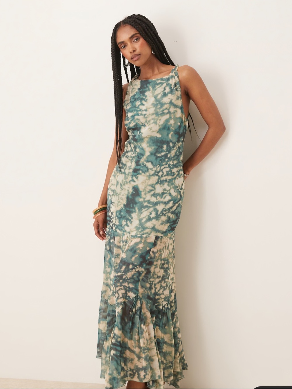 ASOS DESIGN dropped waist maxi dress with full godet hem in blurred print